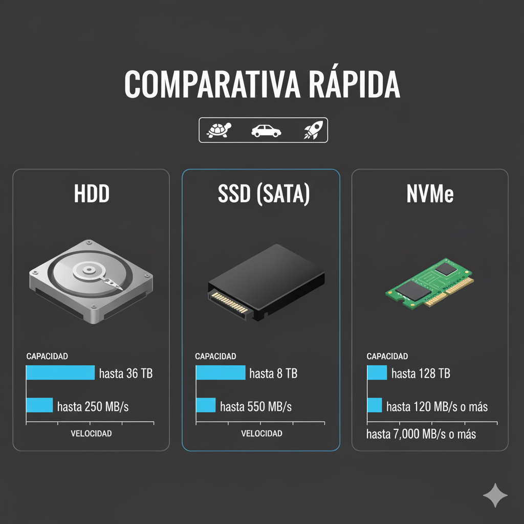 Comparación de HDD, SSD y NVMe